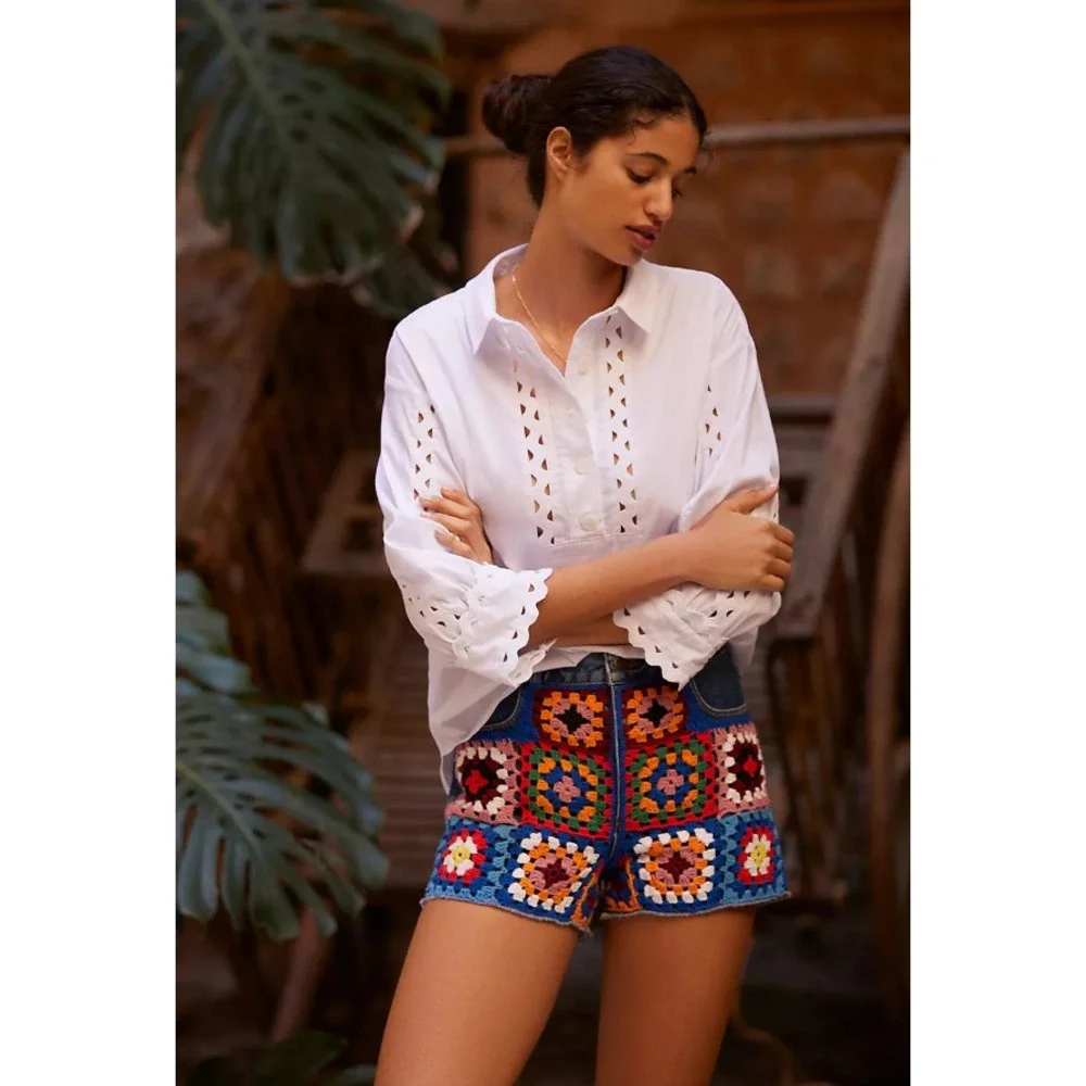 Farm Rio Anthropologie Ultra High Rise Crochet Denim Shorts Patchwork Size 28‎